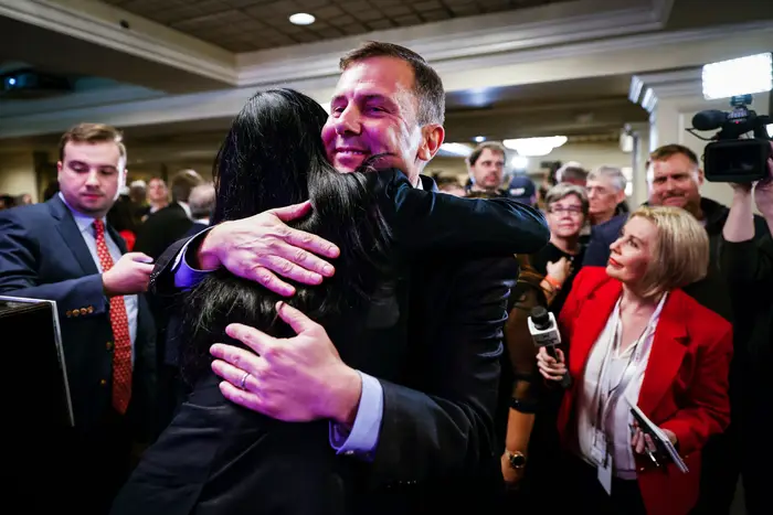 Tom Kean Jr. hugs a supporter at his election night party held in Basking Ridge, New Jersey. Kean was declared the winner of the 7th Congressional District House race a few days later.